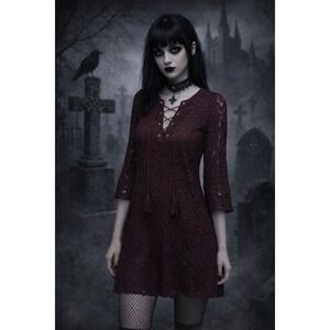 Xhilaration Lace Dress Burgundy Bell Sleeve Lace Up Neck Mini XS Goth Witchy
